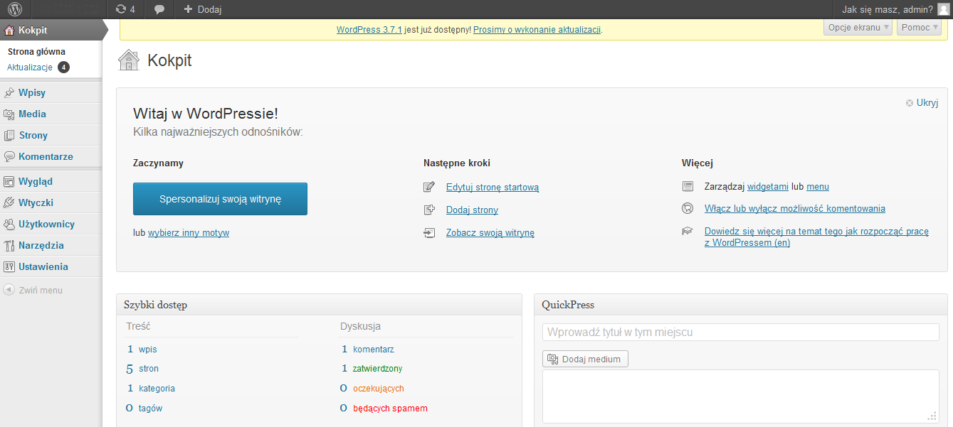 widok zaplecza Wordpress